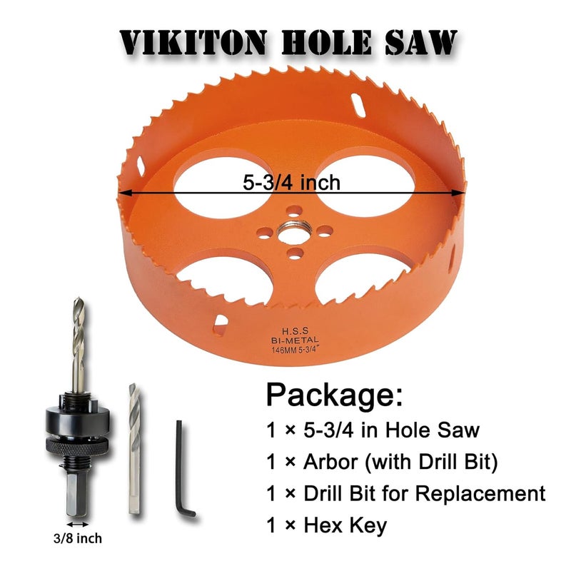 VIKITON 5-3/4 Inch Hole Saw with Arbor for Wood Metal Plastic, 5.75 in Bimetal Hole Cutter, Fast Chip Removal, Smooth Flat Drilling Edge, Lighter and Portable - Image 4